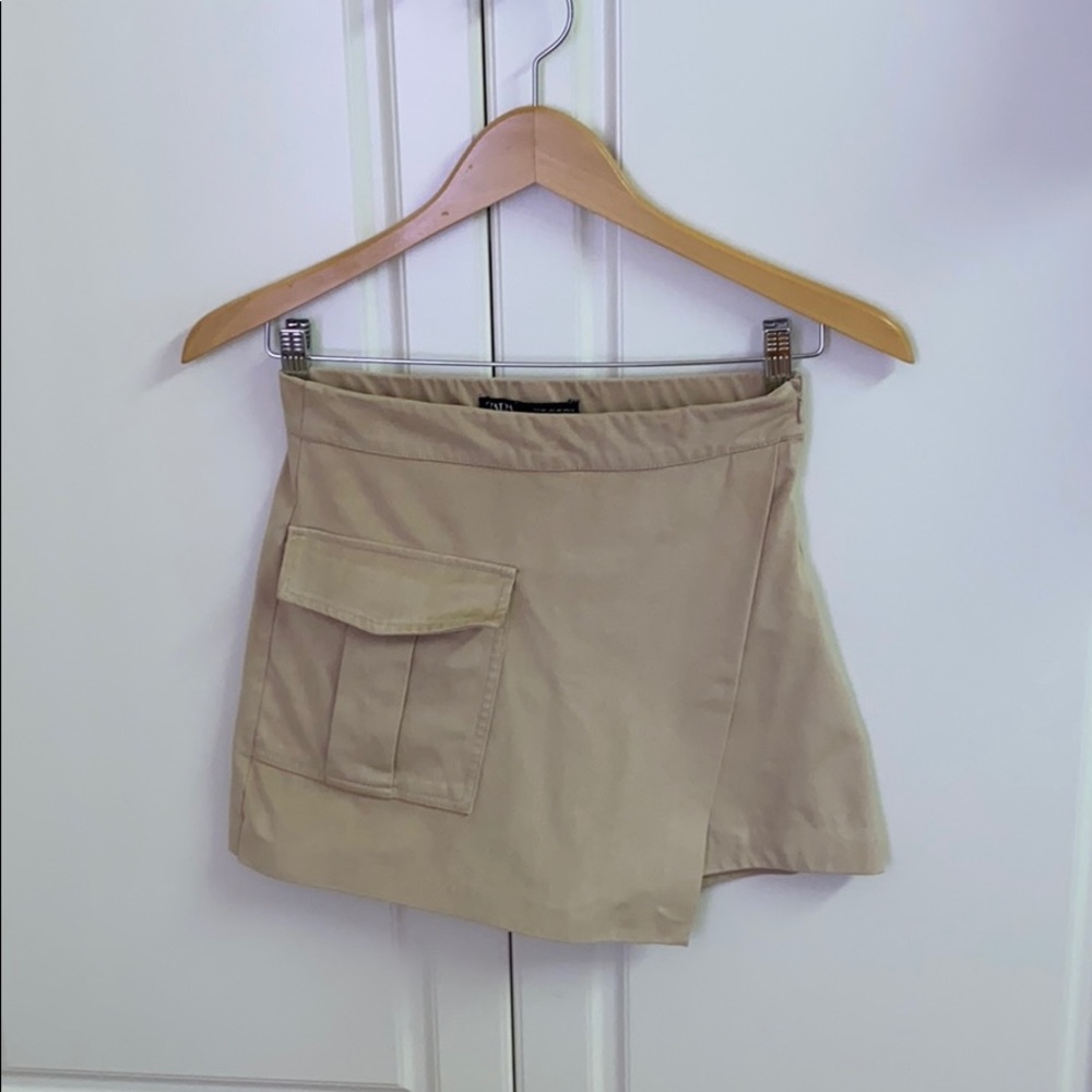 FAUX SUEDE BEIGE ASYMMETRICAL SKORT WITH POCKET - Picture 2 of 2